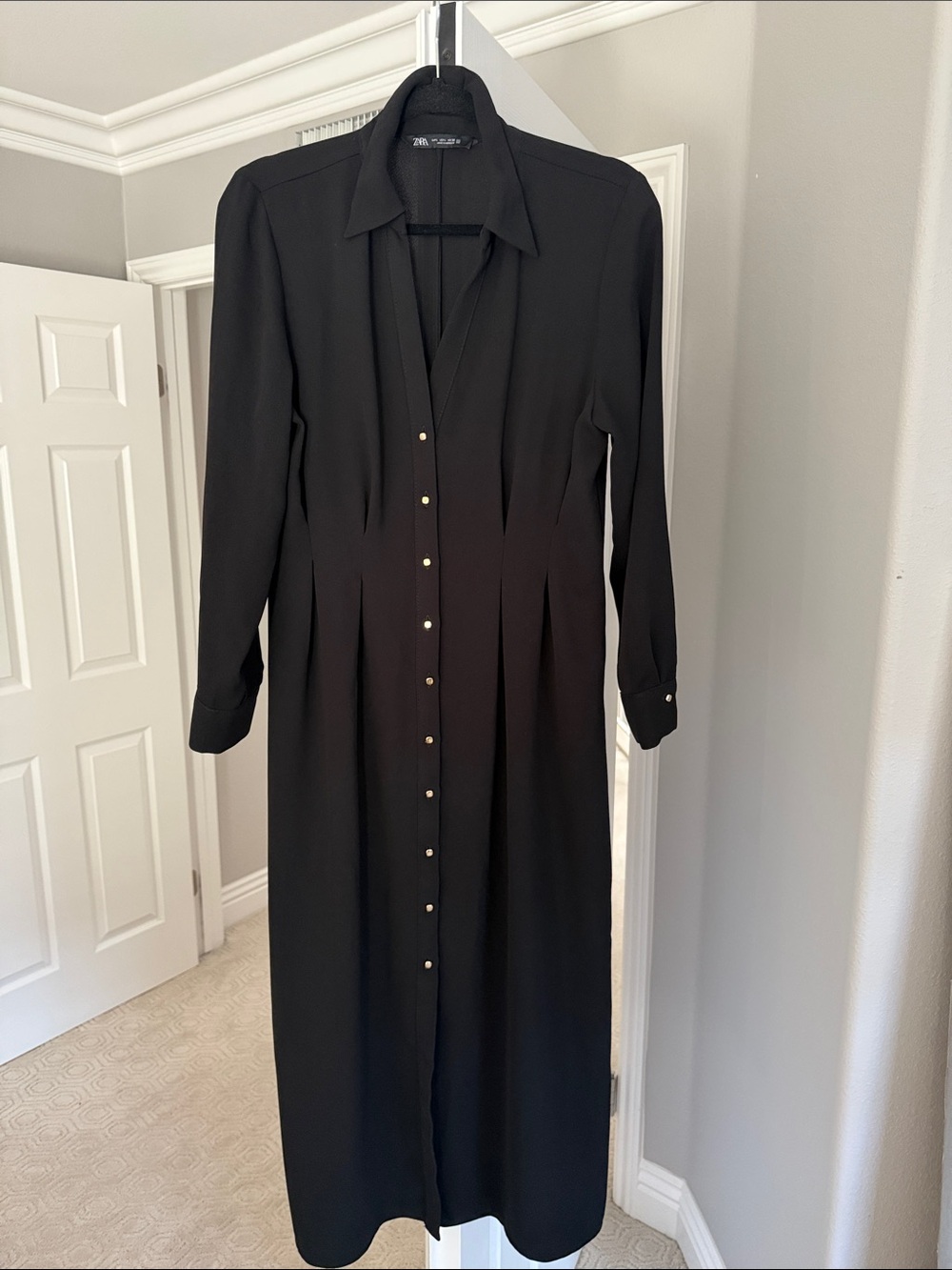 Zara Black Maxi Shirt Dress with Gold Buttons